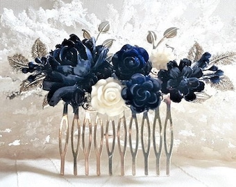 Navy and white wedding hair comb, navy bridal hairpiece, floral hair comb, wedding accessory, wedding jewelry, bridesmaid hairpiece, wedding