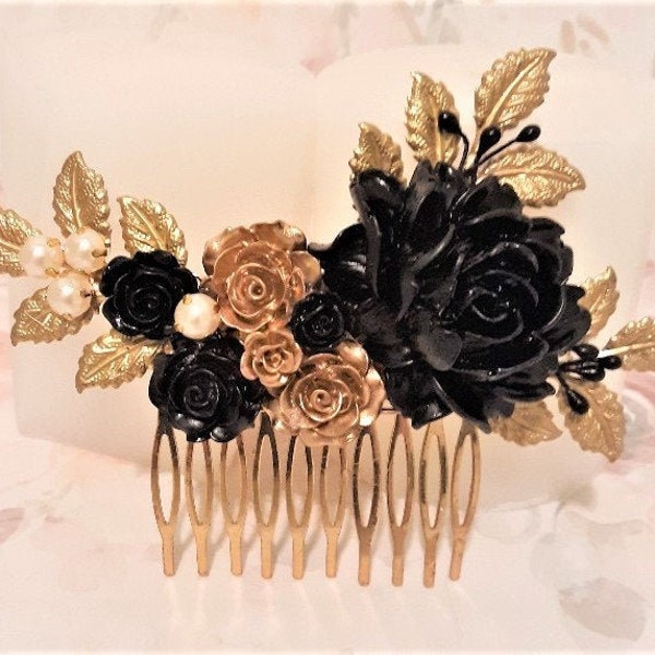 Gold and black hair comb, Gold hair accessories, Wedding hair pieces, Bridal hair comb, Elegant hair accessories, Evening jewelry