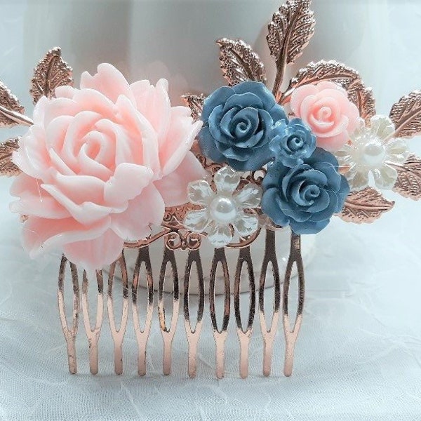 Baby pink, dusky blue and white wedding hair comb, pink bridal hairpiece, floral hair comb, wedding accessory,rose gold comb,pink,dusty blue