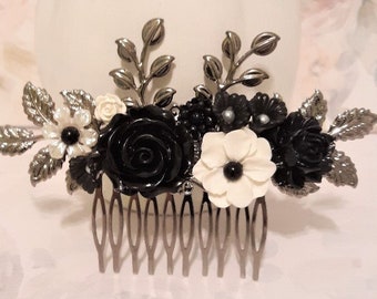 Black White Wedding Comb, Wedding Hairpiece, Hair Comb, Bridal Hair Accessories, Floral Hair Comb,Wedding Accessories,Hair Combs,Accessories