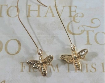 Bee earrings, Honeybee earrings, Long gold bee earrings, Dangle earrings, Gifts for her, Birthday gifts, Anniversary gifts, Bee jewelry