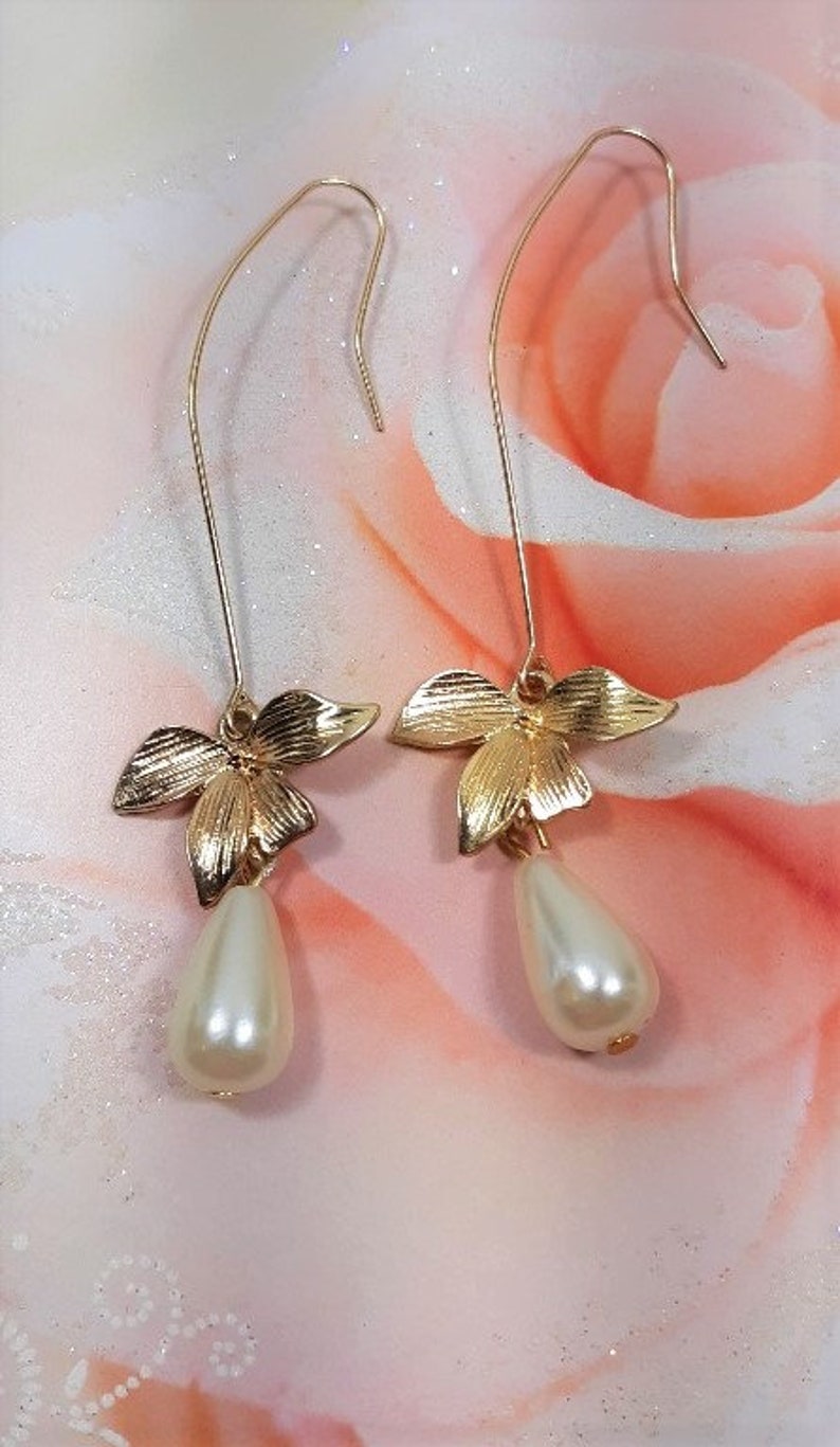 Ivory Pearl Gold Orchid Flower Earrings, Pearl Wedding Bridal Earrings,Bridesmaid Earrings,Birthday Gifts,Garden Wedding,Gifts for Her image 3