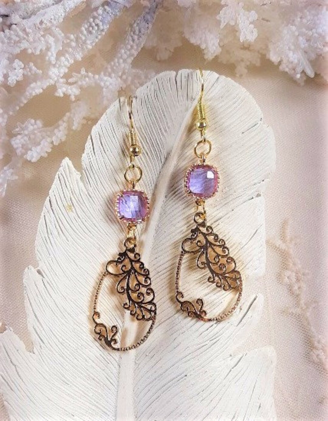 Gold Filigree Earrings Purple Gold Dangle Earrings Gold Jewelry Wedding Jewelry Bridal Earrings Gifts for Her Birthday Gifts earrings Etsy
