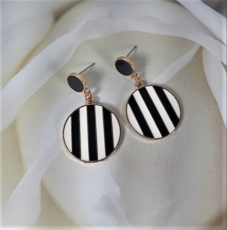 Black and White Round Dangle Earrings Black and White Striped Etsy