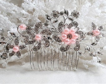Rhinestone and pink silver hair comb, rhinestone hairpiece, wedding jewelry, hair accessories, bridal hairpiece, romantic hairpiece, combs