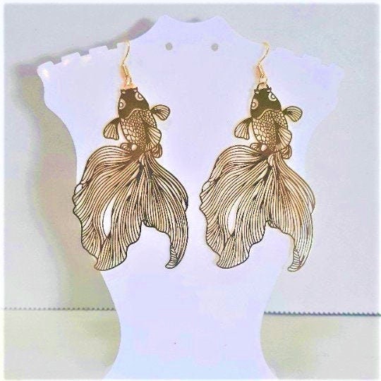 Goldfish earrings, Gold dangle goldfish earrings, Fish earrings, Cute…