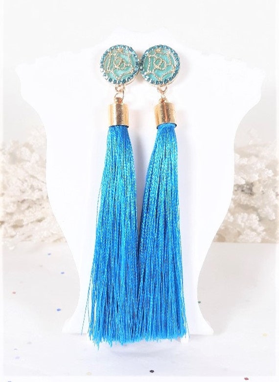 Blue Tassel Earrings, Statement Earrings, Bohemian Style Earrings