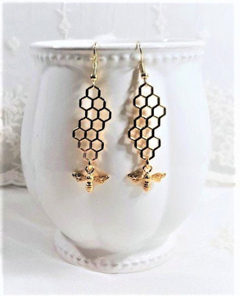 Bee and Honeycomb Earrings, Gold Dangle Earrings, Bee Jewelry, Fun Earrings, Modern Jewelry, Gold Jewelry, Accessories, Gifts for Her 