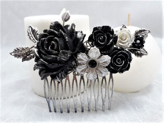 Black Silver And White Wedding Hair Comb Black Bridal Etsy