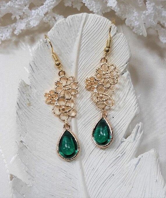 Green stone earrings gold sale