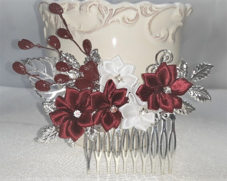 Burgundy Red & White Flower Hair Comb Wedding Hair Comb Etsy