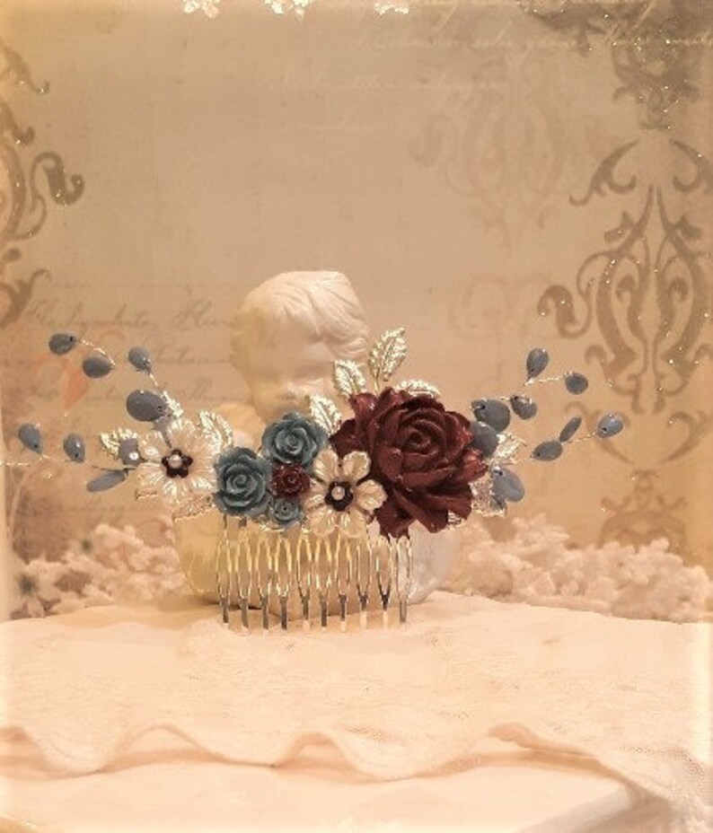 hair combs Something blue Decorative hair comb Wedding jewelry Dusty blue and burgundy hair comb Bridal hair comb Prom hairpiece