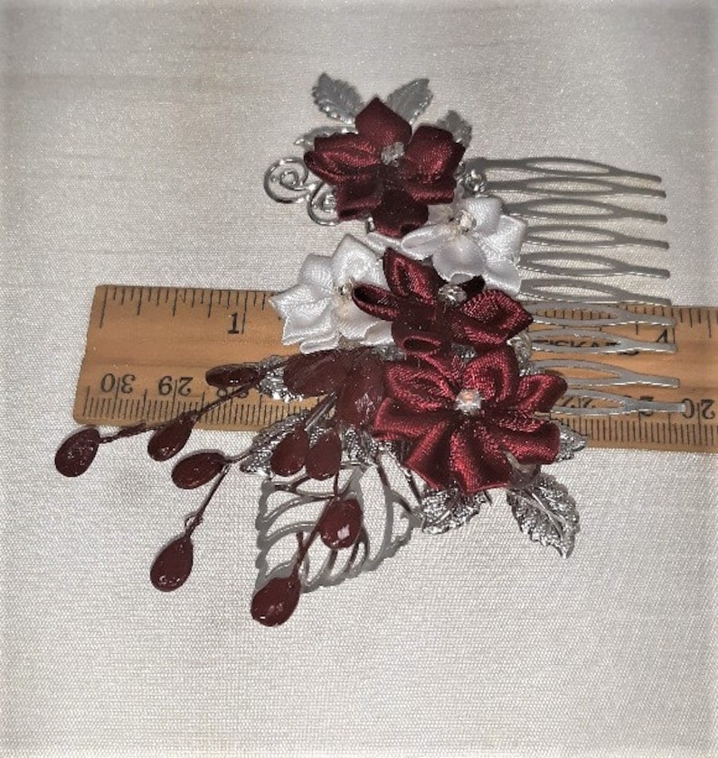 Burgundy Red & White Flower Hair Comb Wedding Hair Comb Etsy
