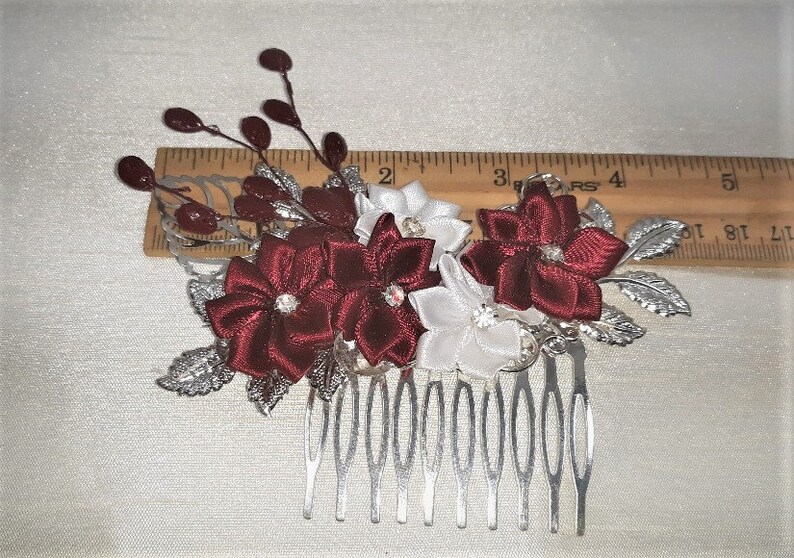 Burgundy Red & White Flower Hair Comb Wedding Hair Comb Etsy