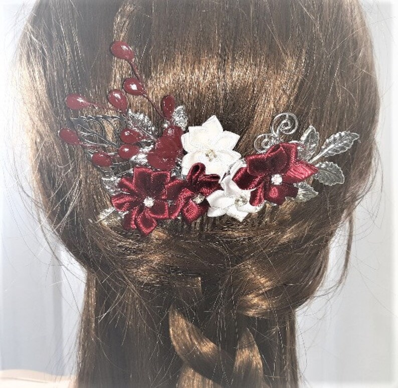Burgundy Red & White Flower Hair Comb Wedding Hair Comb Etsy
