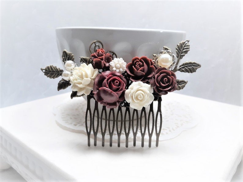 Burgundy And White Wedding Hair Comb Antique Bronze Filigree Etsy