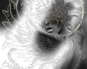 Celestial Unicorn Angel Halo with Roses and Wings : Adult Art and Doodles by Aneix Printable Coloring Book and Printable Page