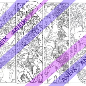 Op de afbeelding: Vier zwart-witte fantasy kunst bladwijzers met gedetailleerde illustraties. Elke bladwijzer toont een uniek ontwerp, waaronder mythische wezens en bloemmotieven. De tekst "ANEIX" staat diagonaal over elke bladwijzer.