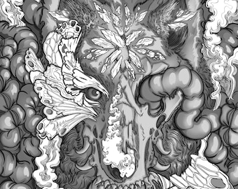 Lykos Viscera coloring page Alpha beast feasting on intestines lupus awareness greyscale butterfly wolf