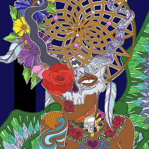 Peut inclure: Illustration colorée d'une personne ornée d'éléments floraux et tribaux. L'œuvre présente un attrape-rêves, un masque de crâne, des roses et des plumes. La palette de couleurs comprend des nuances de bleu, de vert, de jaune et de rouge, créant une composition artistique vibrante.