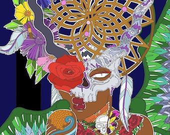 Adult Coloring Page PdfA Fallen Angels  Dreamcatcher Held By its Horns: Adult Art and Doodles by Aneix Printable Coloring Page