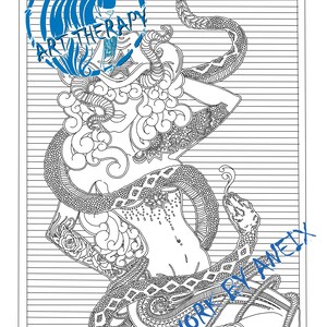 May include: Detailed black and white line art depicting a woman and a snake, with intricate patterns. The image includes the text "ART THERAPY" and "ARTWORK BY ANEIX". Suitable for colouring.