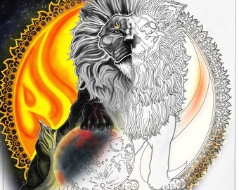 Adult Coloring Page PdfBlood Moon in Lion Constellation and Sun Mandala Starry Night : Adult Art and Doodles by Aneix Coloring Page