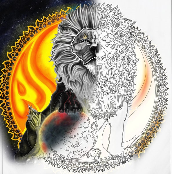 Adult Coloring Page PdfBlood Moon in Lion Constellation and Sun Mandala Starry Night : Adult Art and Doodles by Aneix Coloring Page