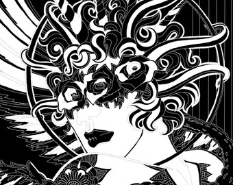 Celestial Unicorn Angel Halo with Roses and Wings : Adult Art and Doodles by Aneix Printable Coloring Book and Printable Page