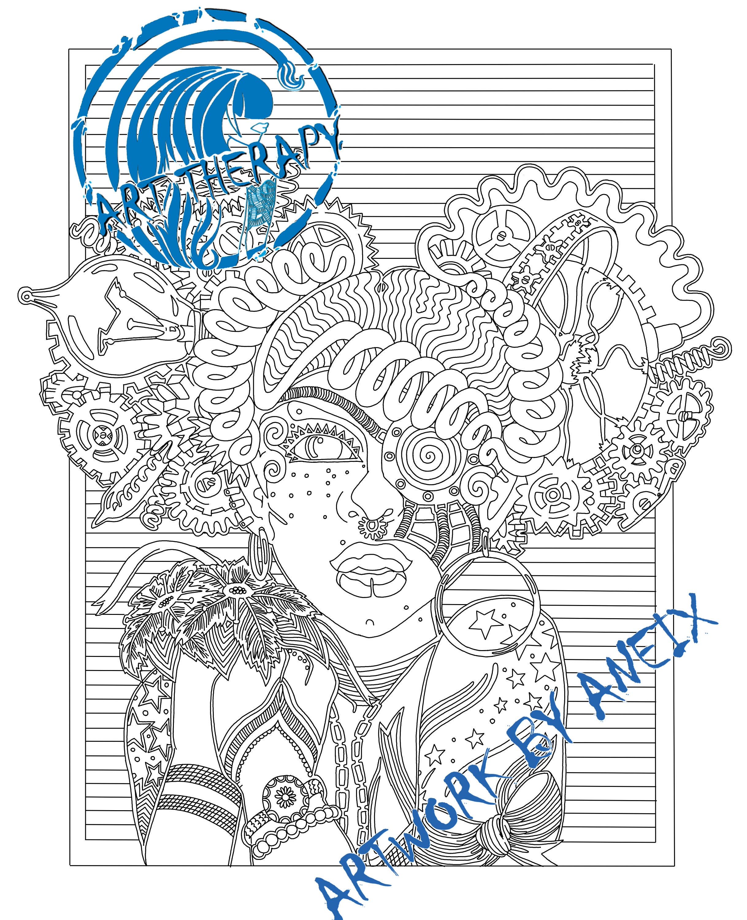 Adult Coloring Page Pdfsteampunk Jocelyn Afro Puffs of Gears and