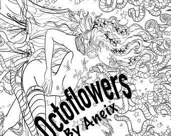 Octoflowers fairy Fae  Adult Coloring page linework and transparent png
