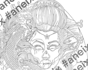Pisces twin geisha reversible coloring page