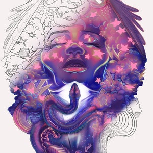 May include: Digital illustration featuring a person with closed eyes, decorated with pink stars. A purple snake is coiled around the figure, with clouds, lightning bolts, and a celestial backdrop. The artwork is signed "Aneix".