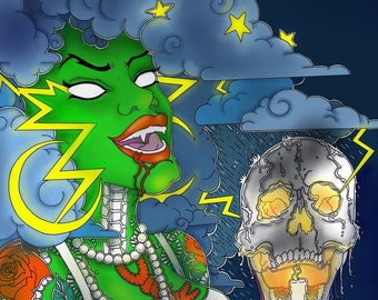 Ready to Print Adult Coloring Page Pdf Afro Storm Hair of Stars and Moons Holding Man Skull Spine And Heart