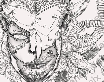 Seal of Ares with ram headdress and stargazer lilies greyscale printable adult coloring page