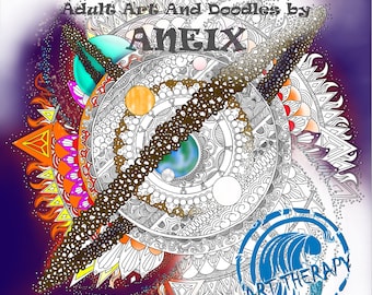 Solar System Filled with Planets Asteroids Rings Moon and Sun with starry borderline: Adult Art and Doodles by Aneix Printable Coloring Page