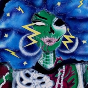 May include: A vibrant, artistic illustration of a green-skinned figure with a skeletal face and torso. The figure is adorned with a blue cloud-like hair, yellow lightning bolts, and star accents. The artwork features a mix of colors and textures.