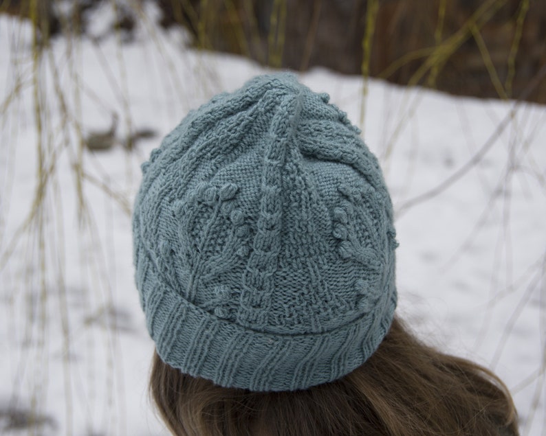 Textured Design Allium Intricate Detail Nature Theme Modern Cabled Fisherman Style Toque Beanie with Cuff Hat Knitting Pattern