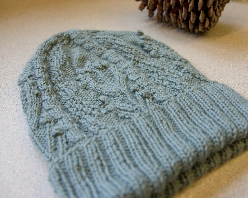 Textured Design Allium Intricate Detail Nature Theme Modern Cabled Fisherman Style Toque Beanie with Cuff Hat Knitting Pattern