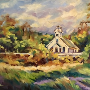 Puede incluir: Una pintura de un faro blanco con un techo verde, rodeado de árboles y un campo de hierba. El cielo es de un azul claro con nubes blancas. La pintura está firmada "Ronda" en la esquina inferior izquierda.