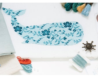 Turquoise Whale in bloom Cross Stitch Digital Pattern (PDF)