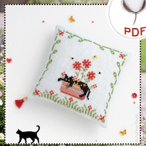 Gardener's Cat Summer Spring Ornament Cross Stitch and Beads Digital Pattern (PDF)