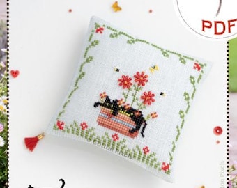 Gardener's Cat Summer Spring Ornament Cross Stitch and Beads Digital Pattern (PDF)