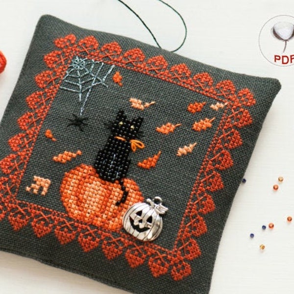 Autumn Halloween Cat Decoration Cross Stitch and Beads Digital Pattern (PDF)