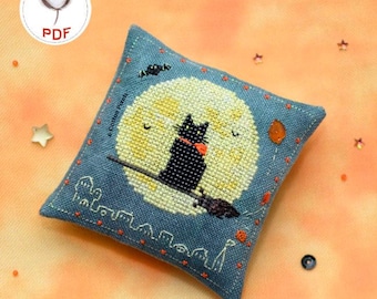 Halloween Night Flight Cat Ornament Cross Stitch and Beads Digital Pattern (PDF)