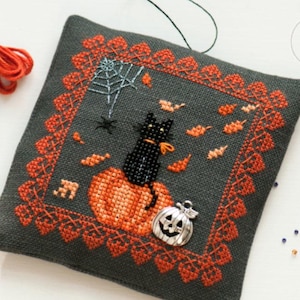 Autumn Halloween Cat Ornament Cross Stitch and Beads Digital Pattern (PDF)