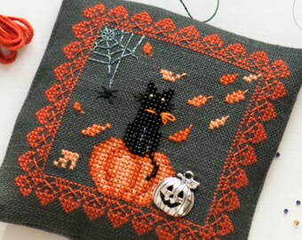 Autumn Halloween Cat Ornament Cross Stitch and Beads Digital Pattern (PDF)