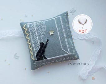 Twinkle Little Star Cat Winter Ornament Cross Stitch and Beads Digital Pattern (PDF)