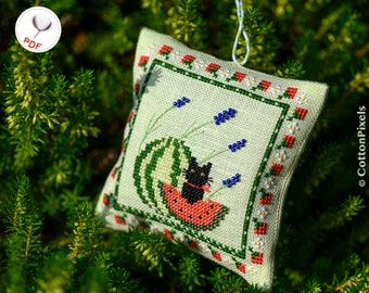 Black Cat with Watermelon Cross Stitch and Beads Digital Pattern (PDF)