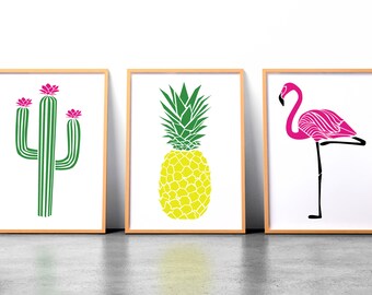 Cactus Pineapple Flamingo DIGITAL DOWNLOAD | Printable Wall Art | Set of 3 | Wall Decor | Living Room Decor | Instant Download | Colourful
